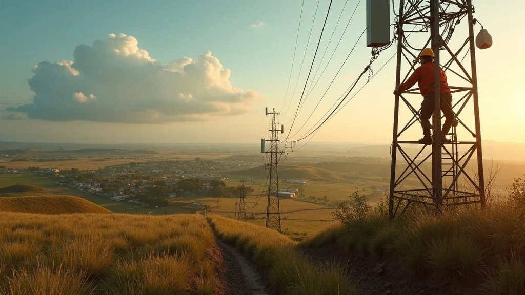 digital crop insurance satellite AI 2026 rural connectivity bottleneck with technician on cell tower in remote farmland