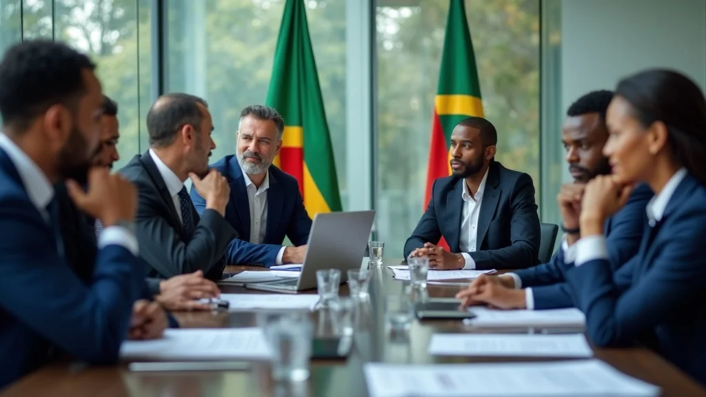 Caribbean trade delegates and overseas counterparts discussing documents in a glass-walled conference room with Caribbean flags, showing the negotiation process over reciprocal tariffs and agricultural trade exports