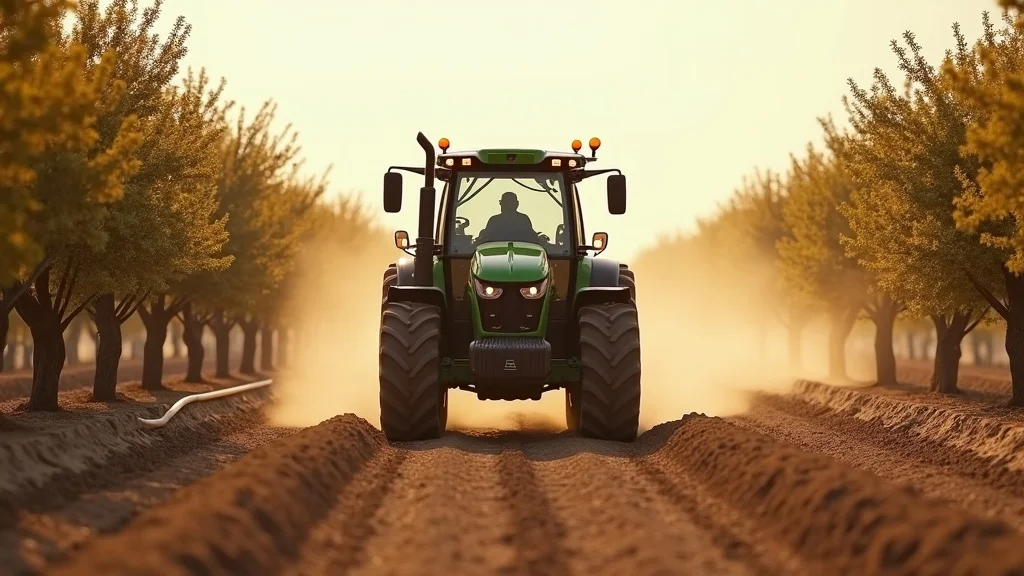 Modern autonomous tractor in California almond orchard actively driving between almond tree rows with visible irrigation pipes and natural dust, focusing on field-grade automation in autonomous tractors robotic farming 2026.