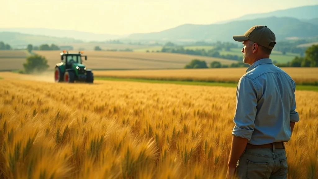 Aerial view of variable rate technology agriculture 2026 in European wheat field showing prescription bands, farmer observing, and GPS-equipped tractor