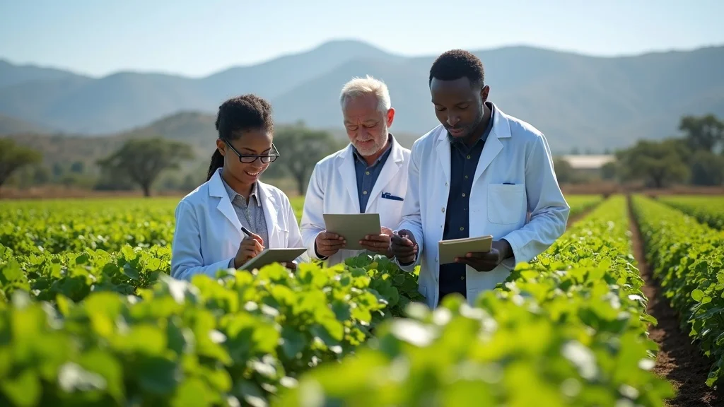 Kenyan scientists examine GM crops in field trials with visible Mount Kenya, reflecting changing gmo policy regulations africa