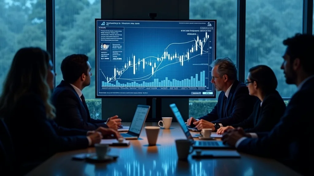 Tense economic briefing during global disruption with policymakers analyzing digital graphs, symbolizing the response to market disruptions and evolution of government fertilizer subsidy programs.