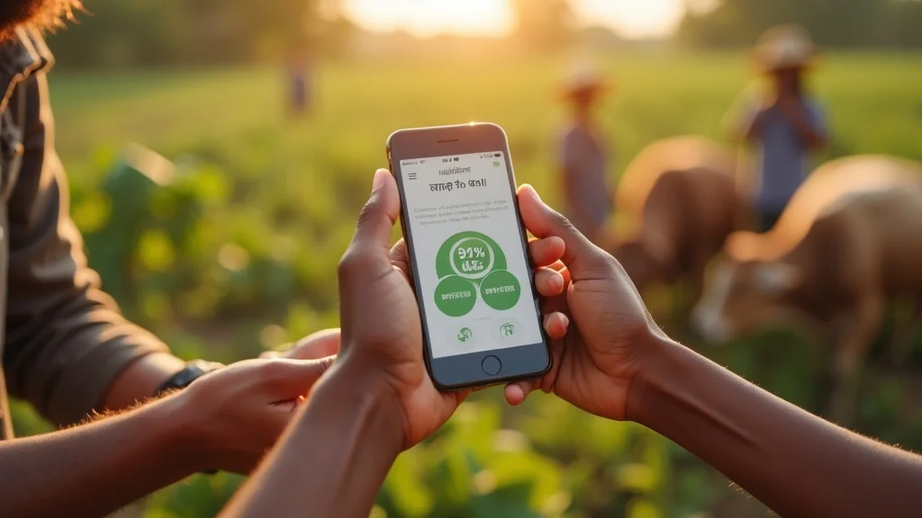 digital crop insurance satellite AI 2026 mobile crop insurance app in farmer's diverse hands, multilingual interface, rural village background
