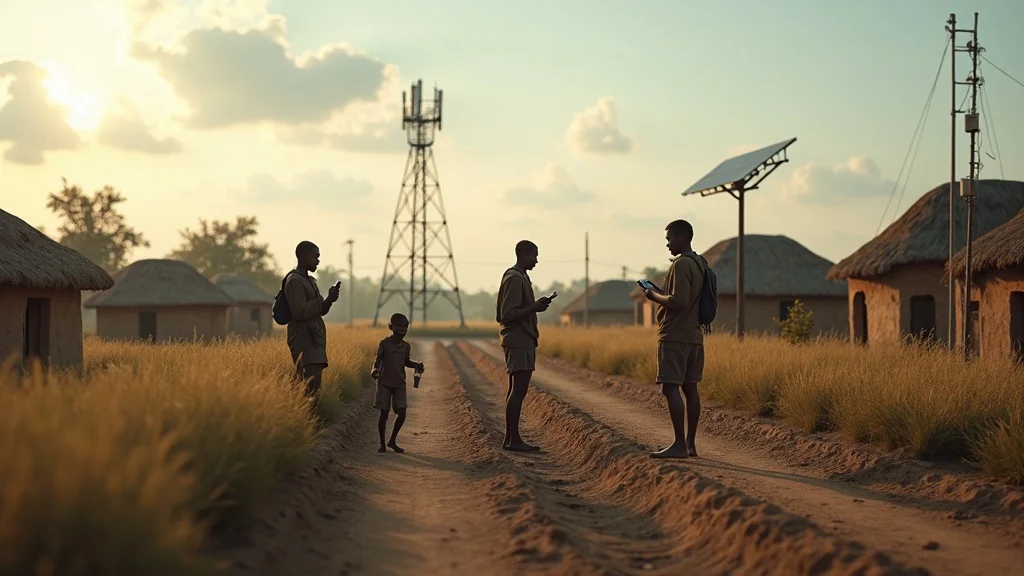 Remote African village using mobile money farm payments Africa with cellular tower and solar