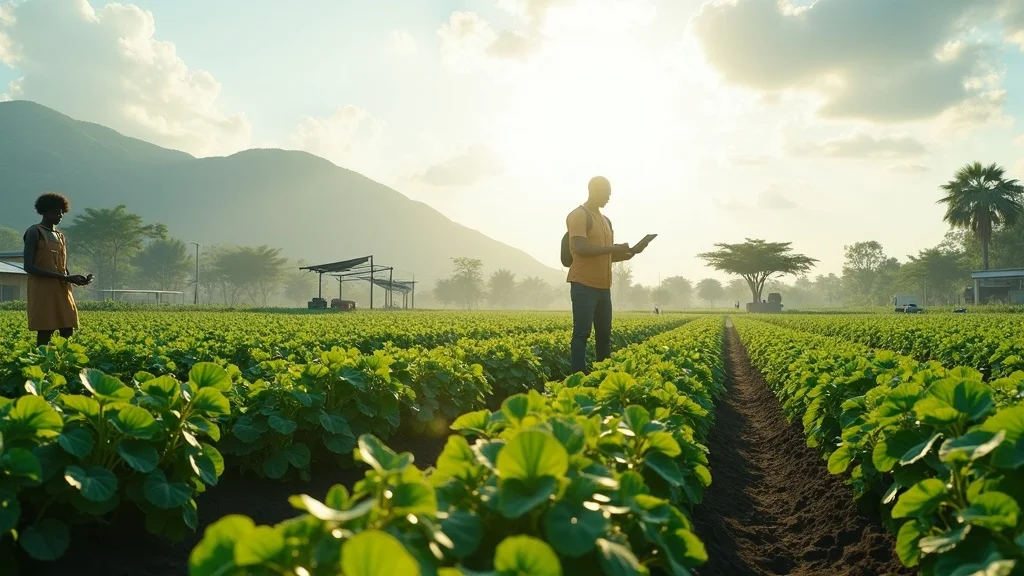Regional agriculture policy harmonization: Panoramic view of a technologically advanced African farm with digital devices and thriving crops.