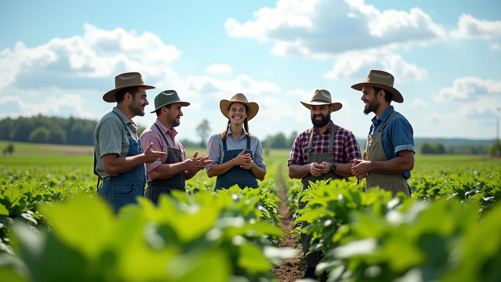 Positive diverse group of farmers and agriculture professionals discussing crops in a green field, symbolizing collaboration and success of government fertilizer subsidy programs worldwide.
