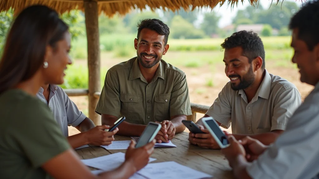 Rural agricultural extension worker teaching digital finance skills to farmers with smartphones, focusing on financial literacy for stablecoins in agri-trade.