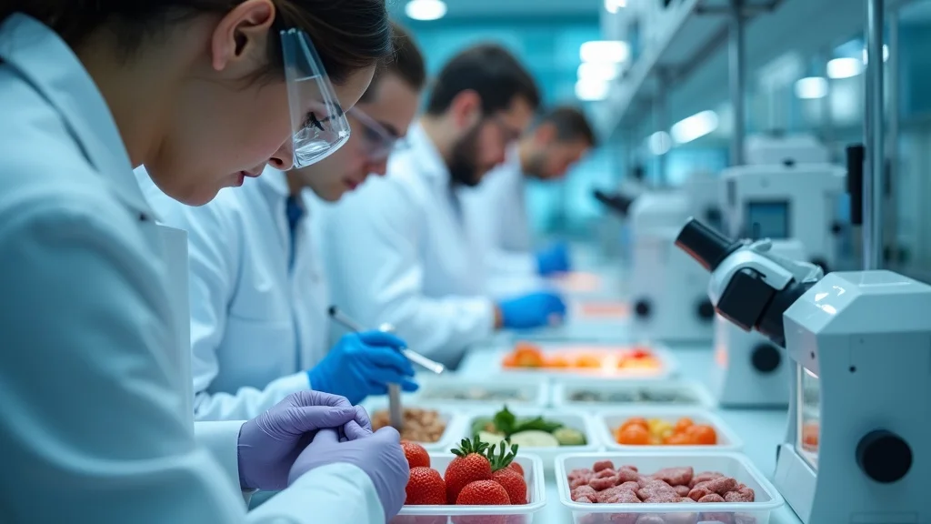 Scientists analyzing food samples in a modern lab for food safety and inspection service protocols, ensuring import restrictions food security for food products.