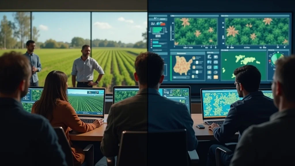 Side-by-side view: a small focused farm tech pilot and a scaled modern control center managing tokenized agricultural assets blockchain adoption