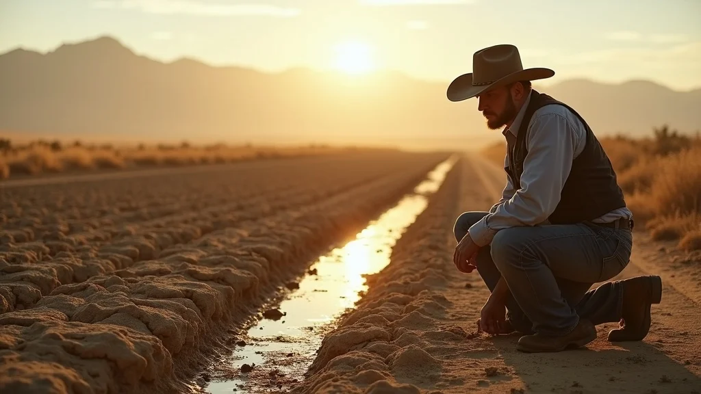 Western US farm with worried farmer examining cracked soil and dry irrigation channel, showing water rights agriculture policy challenges