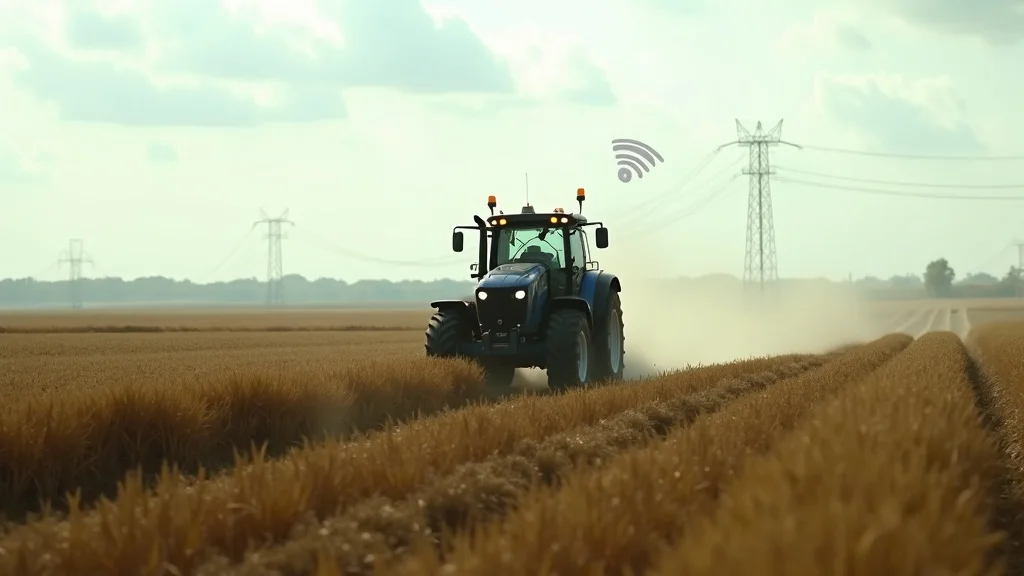 Autonomous tractor operating in a field with patchy signal; visual metaphor for resilient operation in low or variable connectivity during autonomous tractors robotic farming 2026.