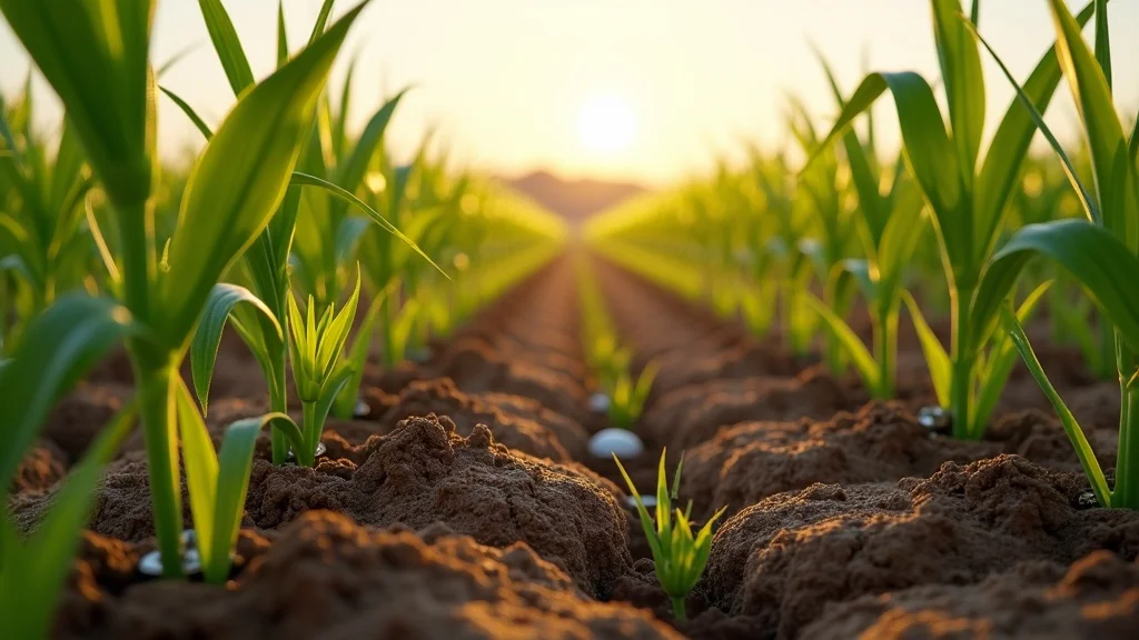 iot soil sensors agriculture 2026: IoT-enabled soil sensors embedded in test plots with corn, visible enclosures and sensor posts. High-definition, Kansas research field.