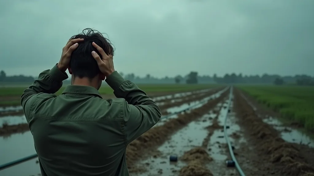 Anxious farmer observing crop damage after a storm – risk management and agricultural risk in developing countries