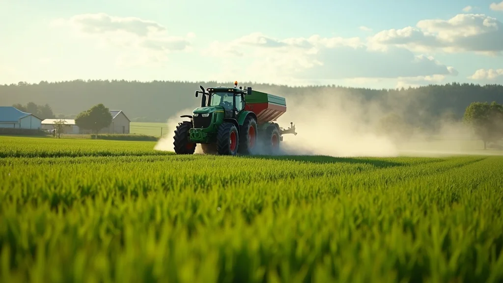 Modern row crop farm with farmer operating a tractor-mounted fertilizer spreader, representing price support for row crop farmers through government subsidy programs, vivid greens and wide landscape.