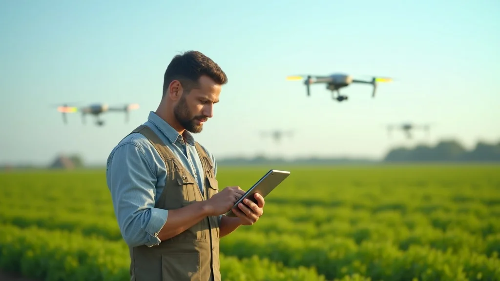 precision ag digital farming with modern farm worker using tablet and sensor stations under clear sky