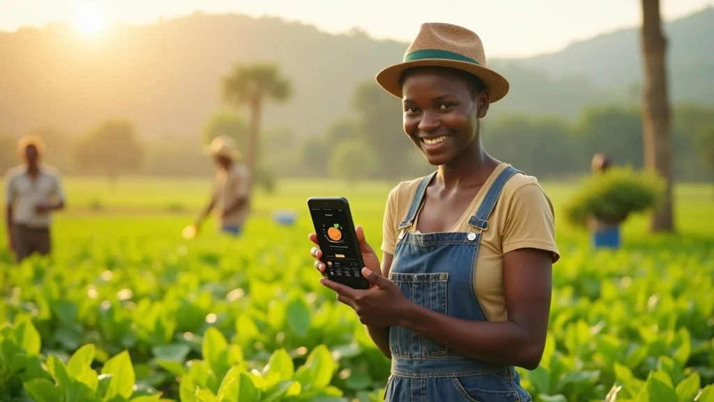 Smiling smallholder farmer in rural Africa using embedded finance agriculture 2026 mobile app in the field