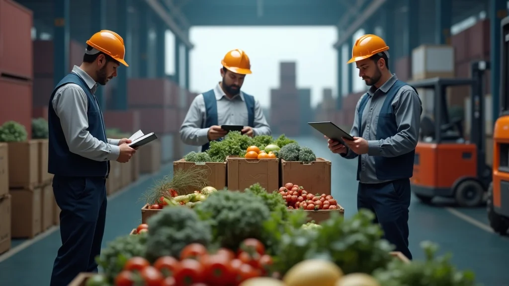 Customs inspectors at a port checking containers of fresh produce for food safety and import restrictions food security compliance, with barcode scanners and security tapes, set in a bustling port warehouse environment.
