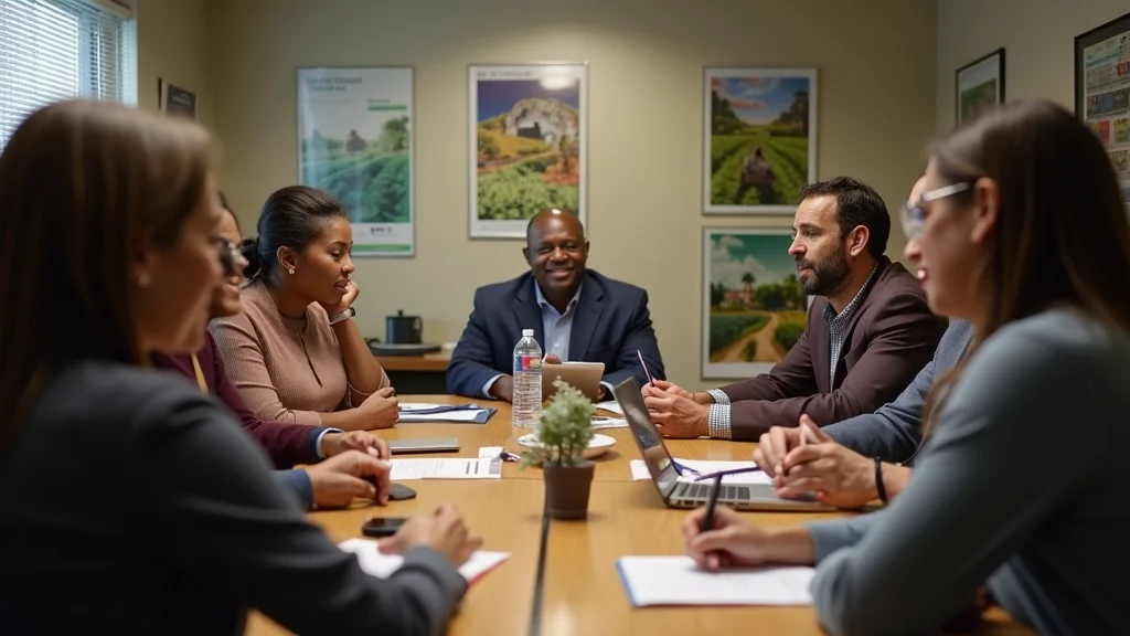 Policymakers and community leaders discussing agricultural insurance policy in a rural office setting – collaborative government initiative in developing countries