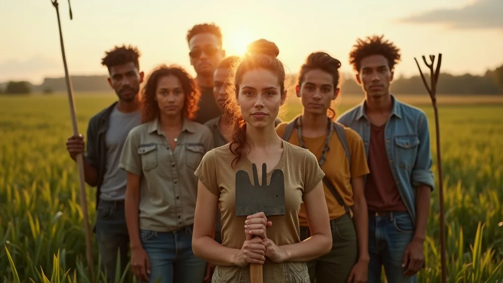 Inspirational group of diverse young people in a rural field standing confidently together with farming tools for youth agriculture policy incentives
