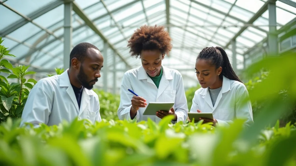 African plant breeders adapting to seed certification laws Africa, working in a greenhouse, taking notes and inspecting seedling varieties.