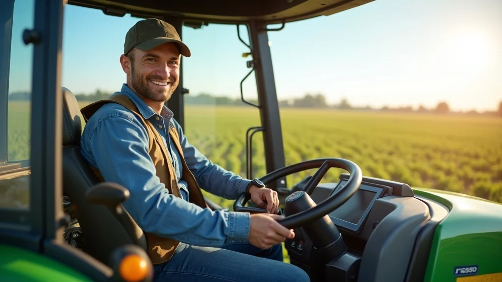 Dynamic young farmer operating modern agricultural machinery for youth agriculture policy incentives and resilient food systems