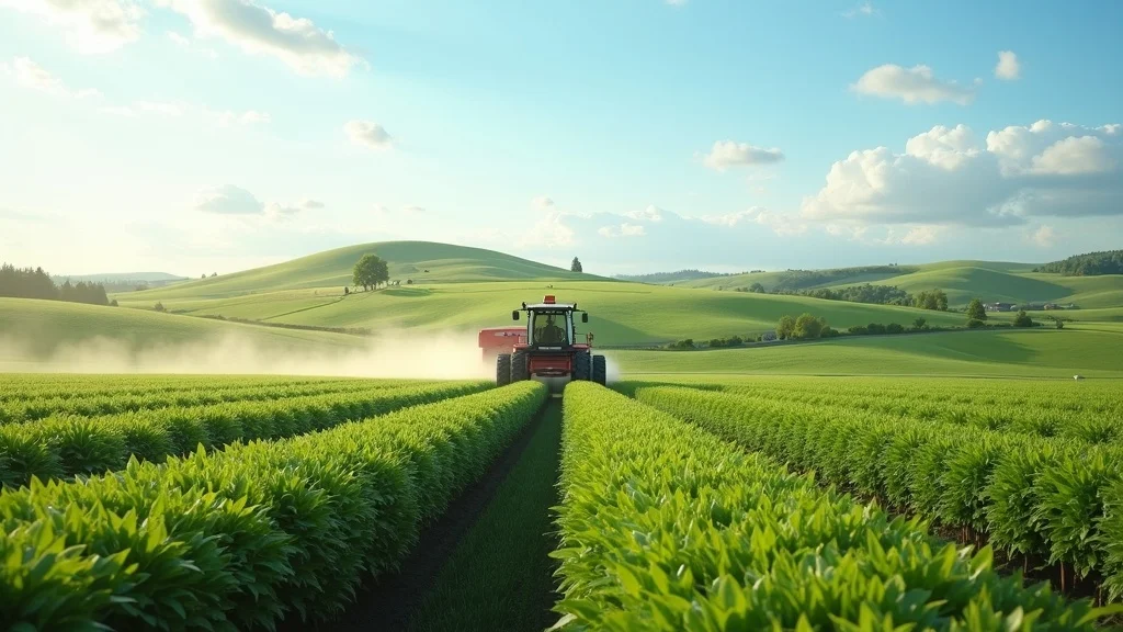 Modern European farm using precision agriculture for carbon farming, advanced equipment visible in lush fields, high spatial resolution