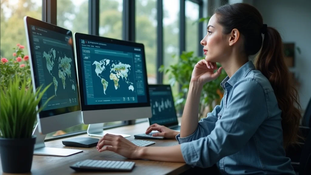 Modern fintech office with team analyzing farm loan data on screens, emphasizing digital agricultural lender collaboration and financial innovation
