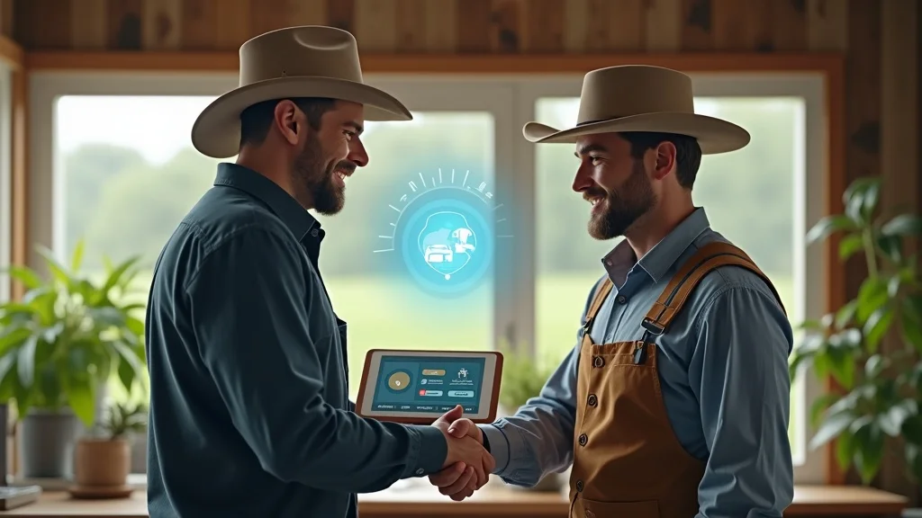 Secure digital banking for farmers – farmer and digital banker shaking hands, highlighting trust in agricultural credit digital lending security