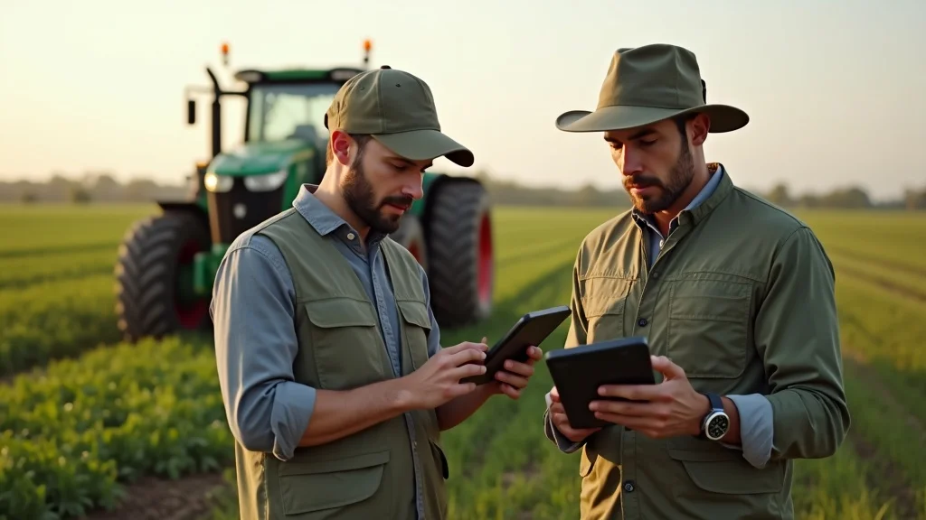ndvi satellite crop monitoring 2026: Agronomist team with crop monitor dashboard, modern tractor, in open farm environment