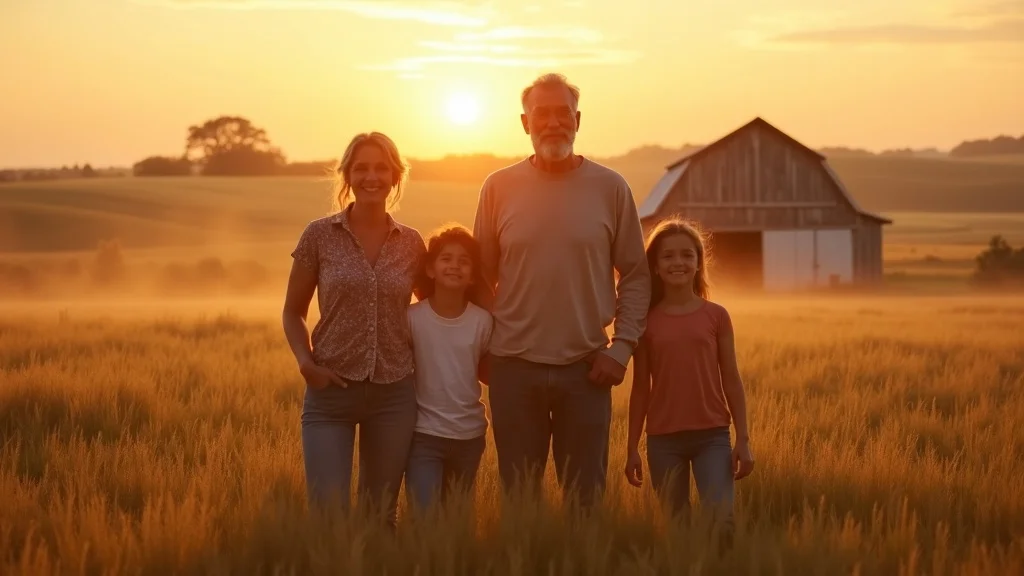 Inspirational multi-generational farm family: proud and optimistic in sunrise-lit fields, highlighting the impact of carbon credits agriculture policy across generations.