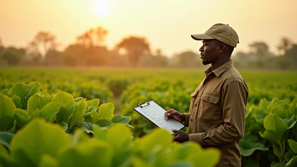 African farm landscape showcasing diligent farmer inspecting vegetables for pests, illustrating pesticide regulation Africa exports