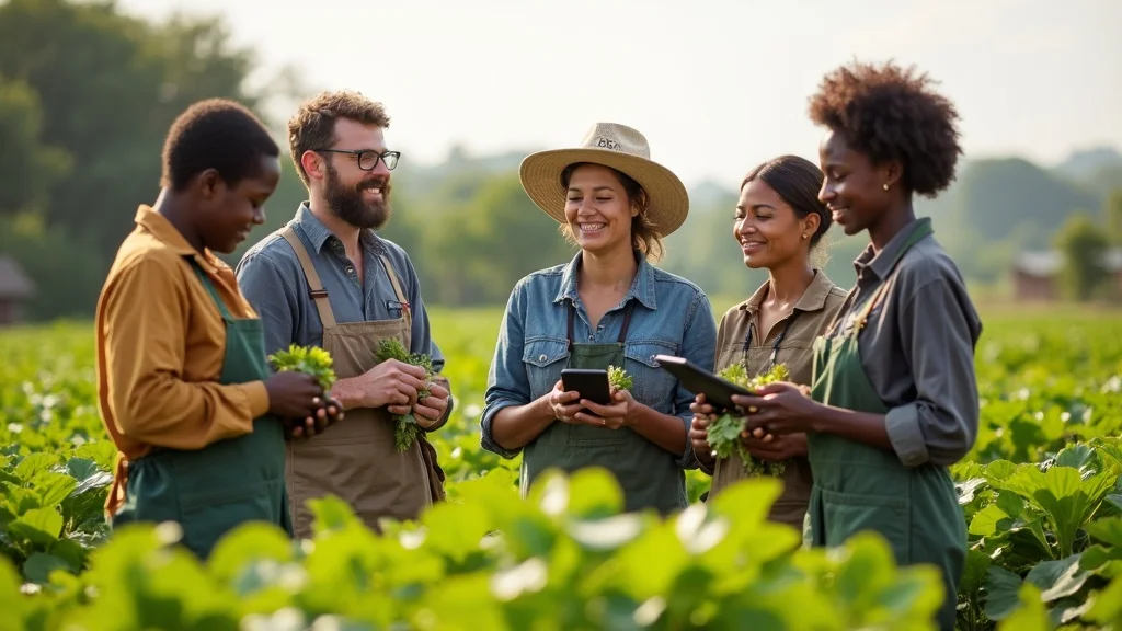 community outreach for digital crop insurance satellite AI 2026: extension officers and farmers using digital devices in the field