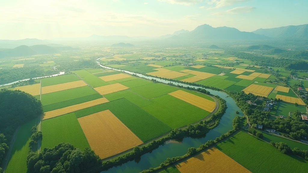 digital crop insurance satellite AI 2026 landscape from space showing expansive patchwork of green and gold fields with a visible satellite in orbit, rivers, and rural infrastructure