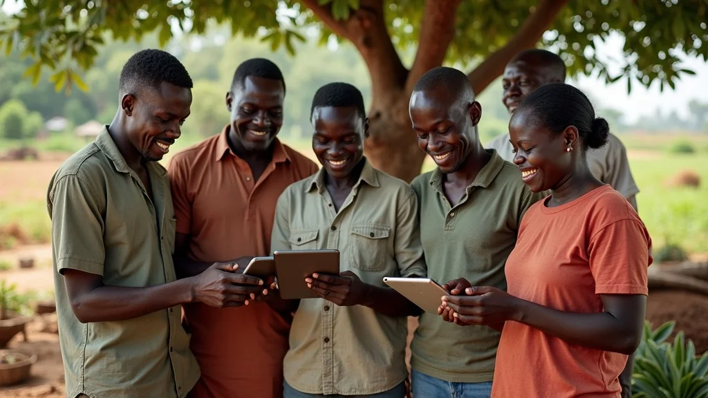 Group of hopeful smallholder farmers examining digital agriculture insurance information – index insurance in developing countries