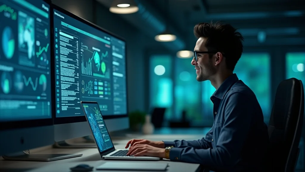 Fintech developer reviewing interconnected agri-finance embedded finance APIs dashboard