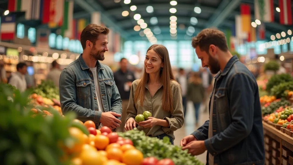 International organic marketplace with exporters examining organic-labeled produce, featuring organic certification policy standards in action