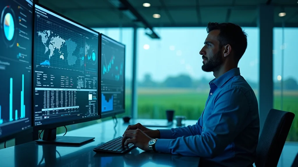 agricultural manager reviewing blockchain-powered dashboard in a high-tech office with field sightlines