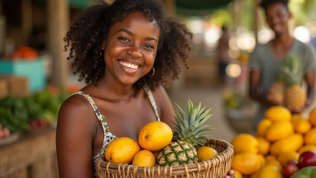 Caribbean farmers market with local farmers displaying fresh produce such as mangoes, pineapples, and sugar cane, highlighting food exports and the impact of agricultural trade tariffs Caribbean