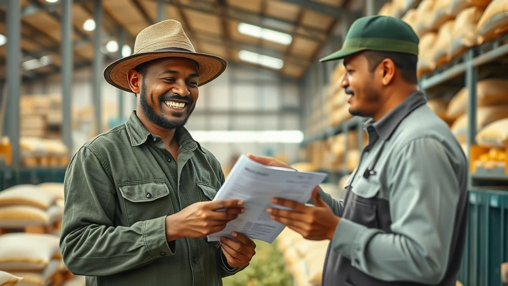 warehouse receipt financing agriculture: rural warehouse, smallholder farmer reviewing warehouse receipt, grain storage facility