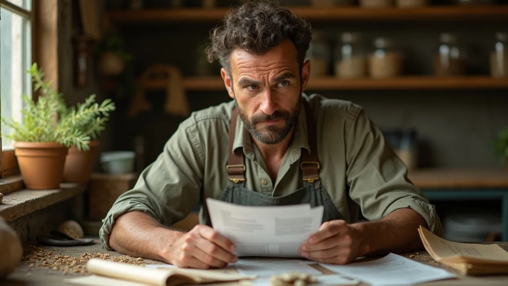 African smallholder farmer, concerned expression, examining seed certification documents and seeds, illustrating seed certification laws Africa challenges.