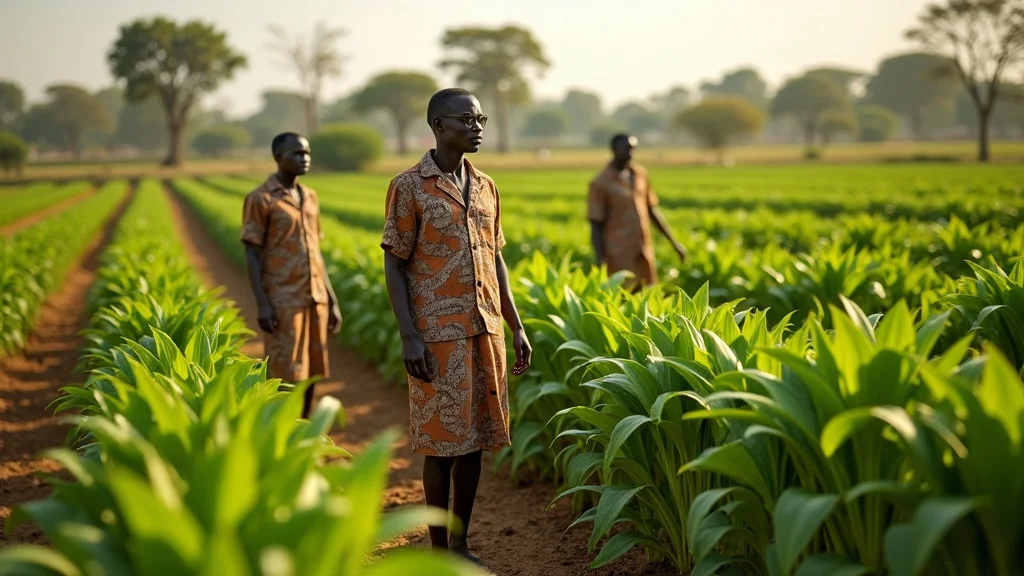 African farmers in a lush farmland inspecting both conventional and genetically modified crops side-by-side, illustrating gmo policy regulations africa