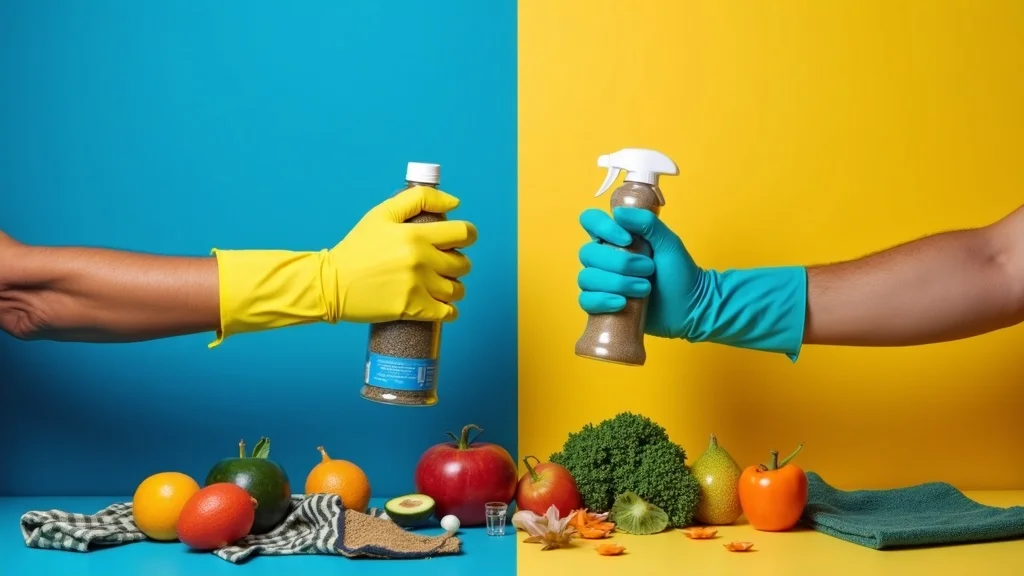 Comparative illustration of pesticide regulation Africa exports: Gloved EU hand and bare African hand each holding different pesticide bottles, highlighting double standards