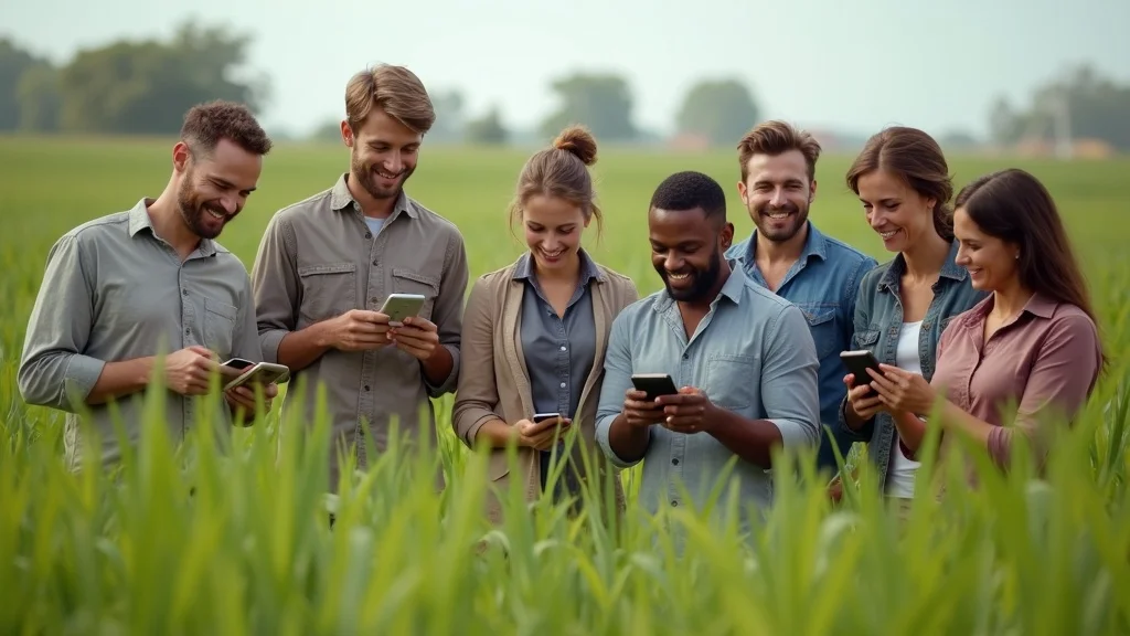 Dynamic farming community using smartphones and tablets, collaborating in an open green rural landscape with digital tech and farming equipment – agricultural credit digital lending in action