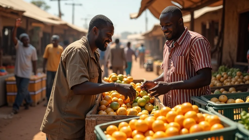 Regional agriculture policy harmonization: Agricultural officials and traders interacting across a busy African border market.