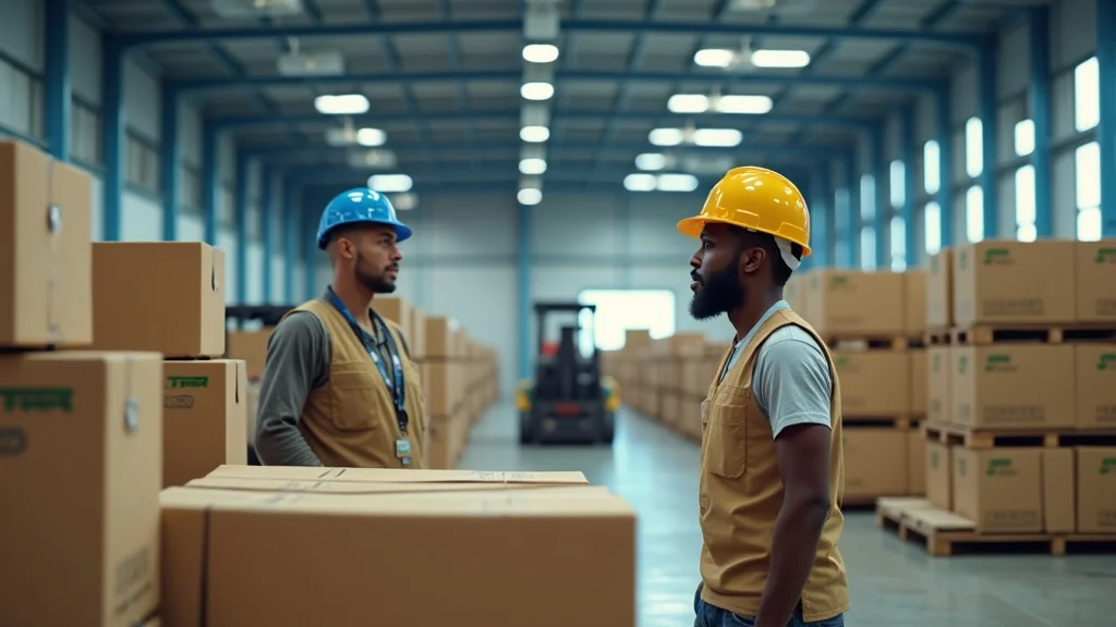 Modern logistics hub with Caribbean workers overseeing crates of agricultural exports for international shipping, underlining the export process in the context of agricultural trade tariffs Caribbean