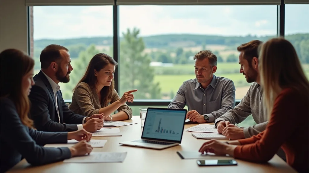 Diverse policy makers, agtech executives, and rural farmers in roundtable discussing stablecoin policy, reviewing data charts and blockchain visualizations.