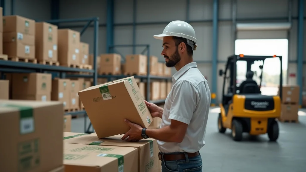 Exporter checking organic labels on export boxes, maintaining organic certification policy standards during transit