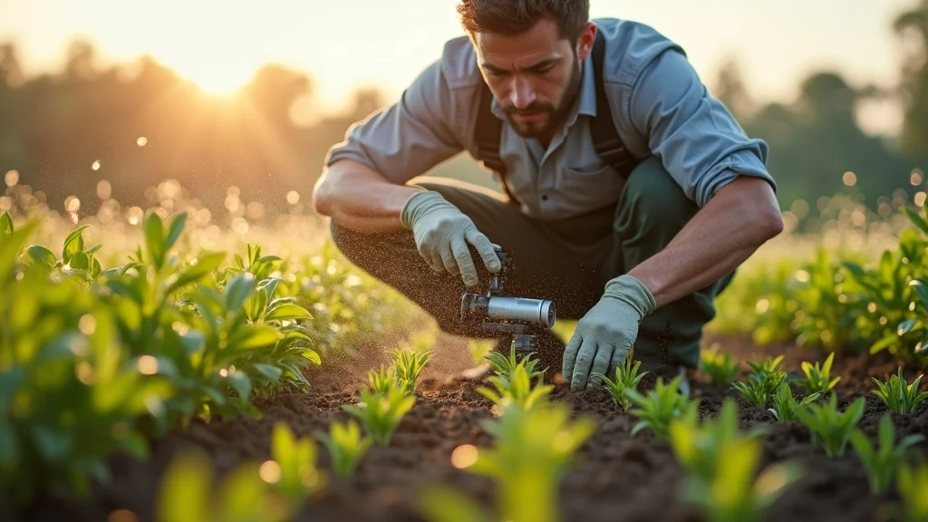 Farmer installing precision irrigation system for climate adaptation in agricultural water management