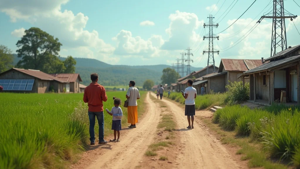 Rural farming village with Wi-Fi and solar-powered connectivity, villagers using smartphones and laptops; illustrating infrastructure for scalable stablecoins agricultural trade finance 2026.