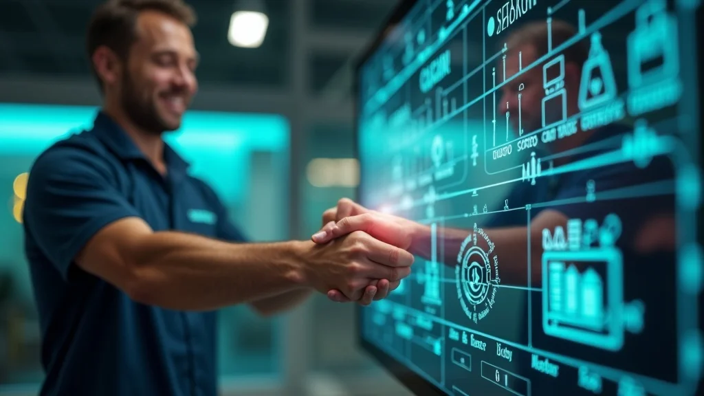 farmer and supplier virtually shaking hands as a blockchain smart contract executes in a modern farm control room